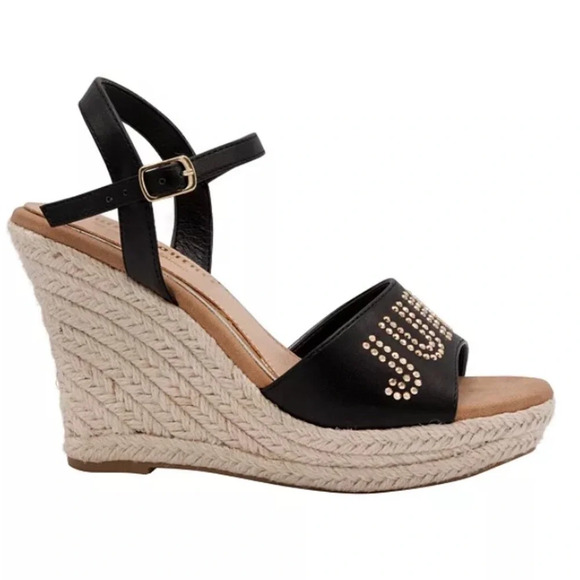 Juicy Couture Black Metal Stud Espadrille Platform Ankle Strap Wedge Sandals 9 - Picture 13 of 14